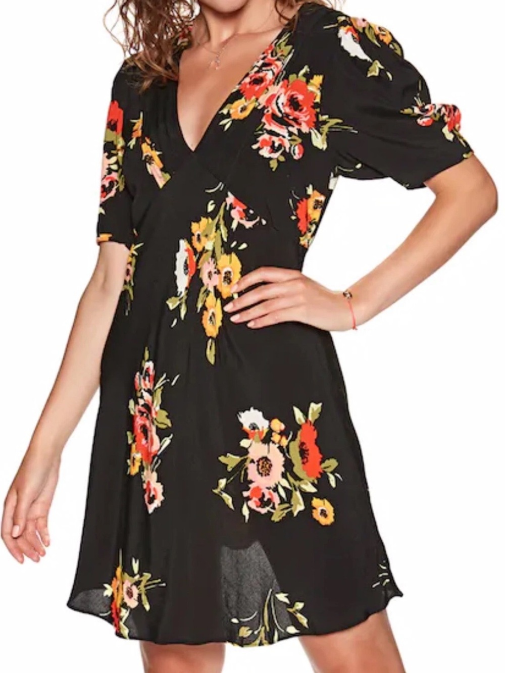 Free People Black Floral V-Neck Mini Dress with Puff Sleeves Size 0 Neon Garden